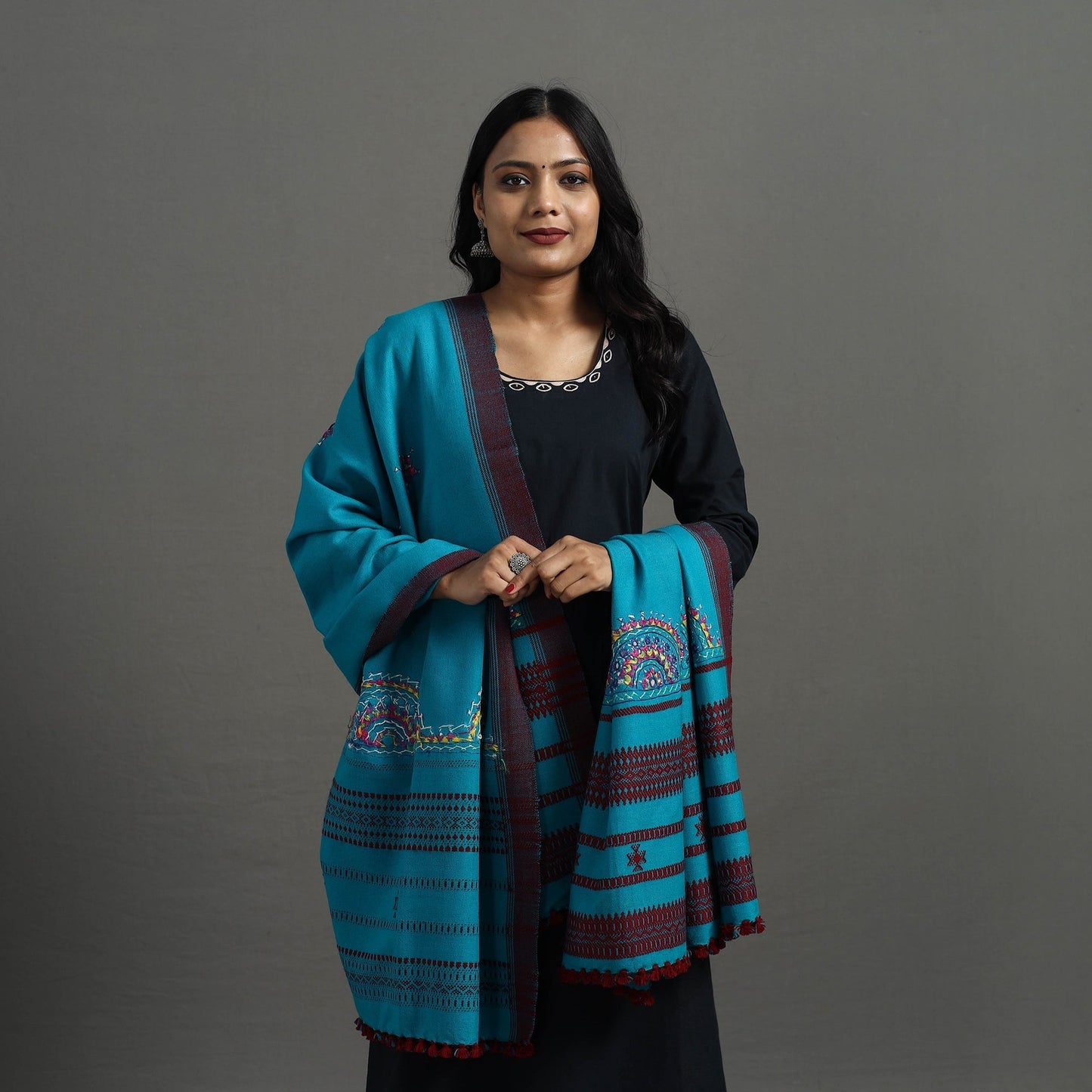 Blue Kutch Neran Hand Embroidery Mirror Work Woollen Shawl