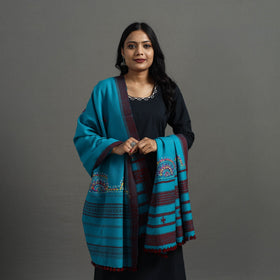 Blue Kutch Neran Hand Embroidery Mirror Work Woollen Shawl