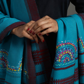 Blue Kutch Neran Hand Embroidery Mirror Work Woollen Shawl
