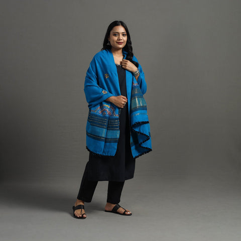 Blue Kutch Neran Hand Embroidery Mirror Work Woollen Shawl