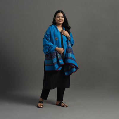 Blue Kutch Neran Hand Embroidery Mirror Work Woollen Shawl