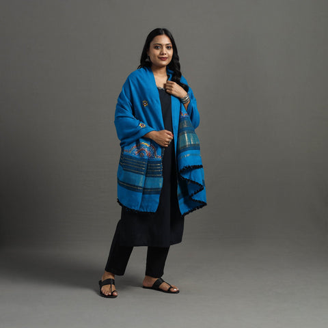 Blue Kutch Neran Hand Embroidery Mirror Work Woollen Shawl