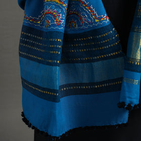 Blue Kutch Neran Hand Embroidery Mirror Work Woollen Shawl