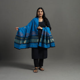 Blue Kutch Neran Hand Embroidery Mirror Work Woollen Shawl