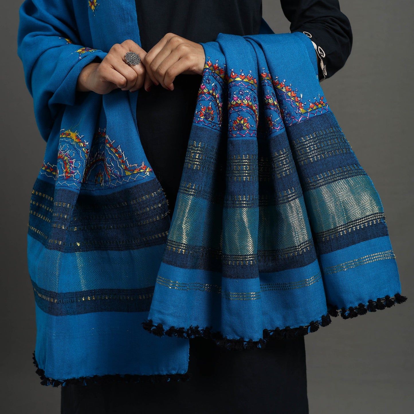 Blue Kutch Neran Hand Embroidery Mirror Work Woollen Shawl