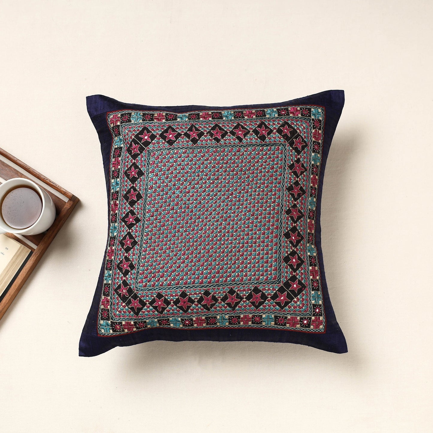Blue Kutch Neran Hand Embroidery Silk Cushion Cover