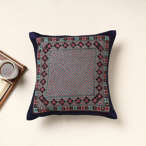 Blue Kutch Neran Hand Embroidery Silk Cushion Cover