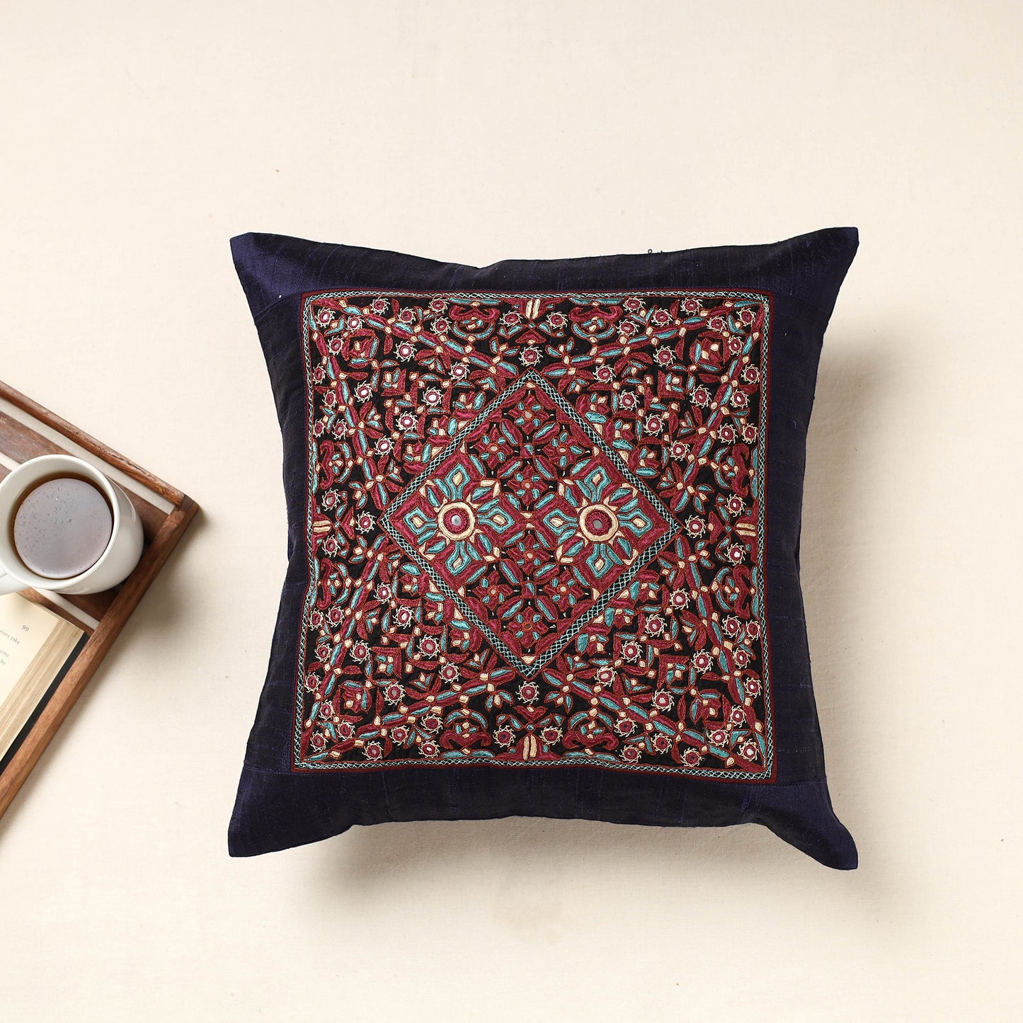 Buy Blue Kutch Pakko Hand Embroidery Silk Cushion Cover