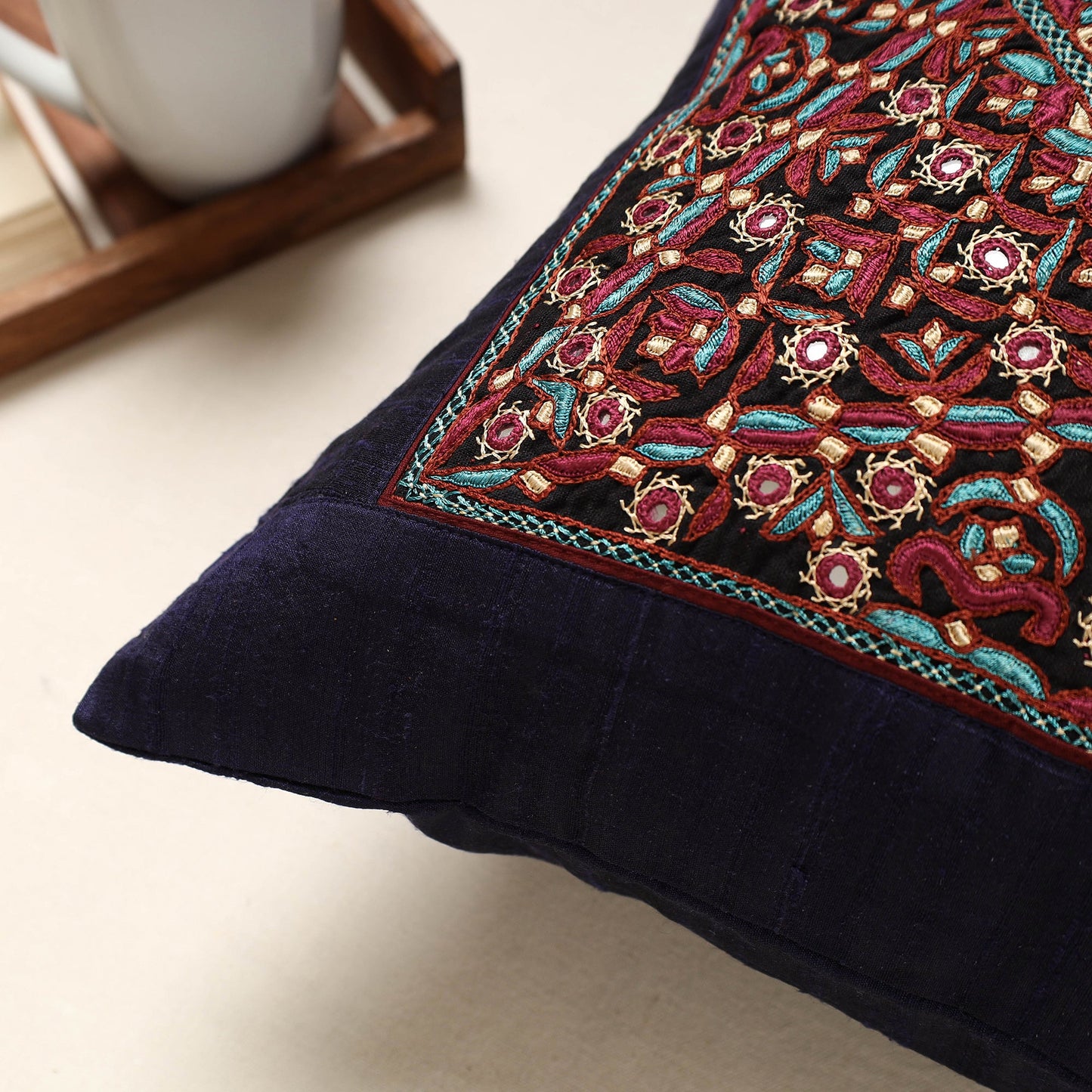 Buy Blue Kutch Pakko Hand Embroidery Silk Cushion Cover