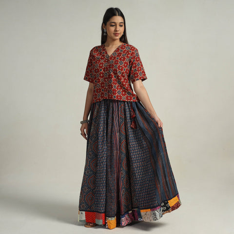 Buy Blue Kutch Block Printed 24 Kali Cotton Long Skirt