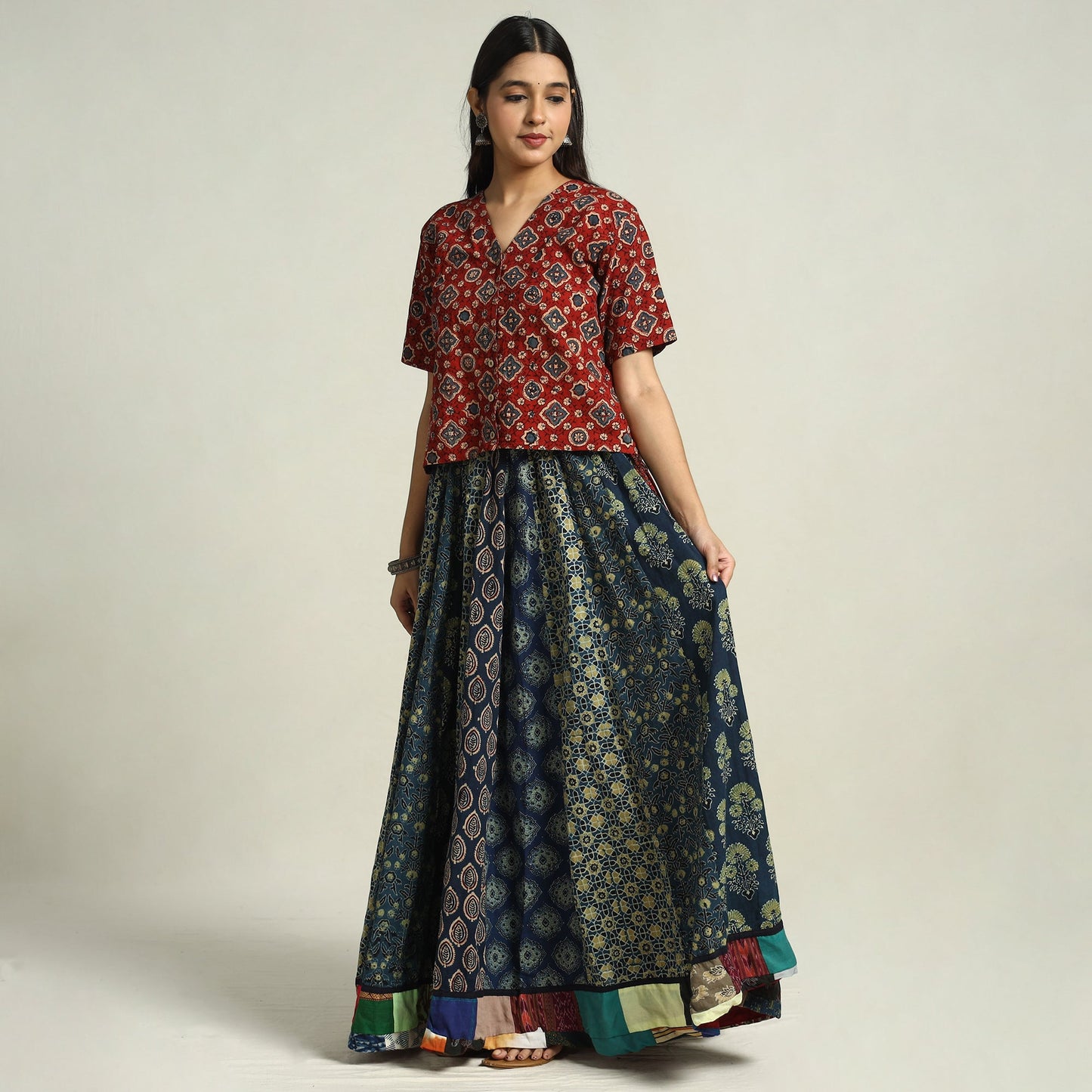 Blue - kutch printed 24 kali cotton long skirt 48
