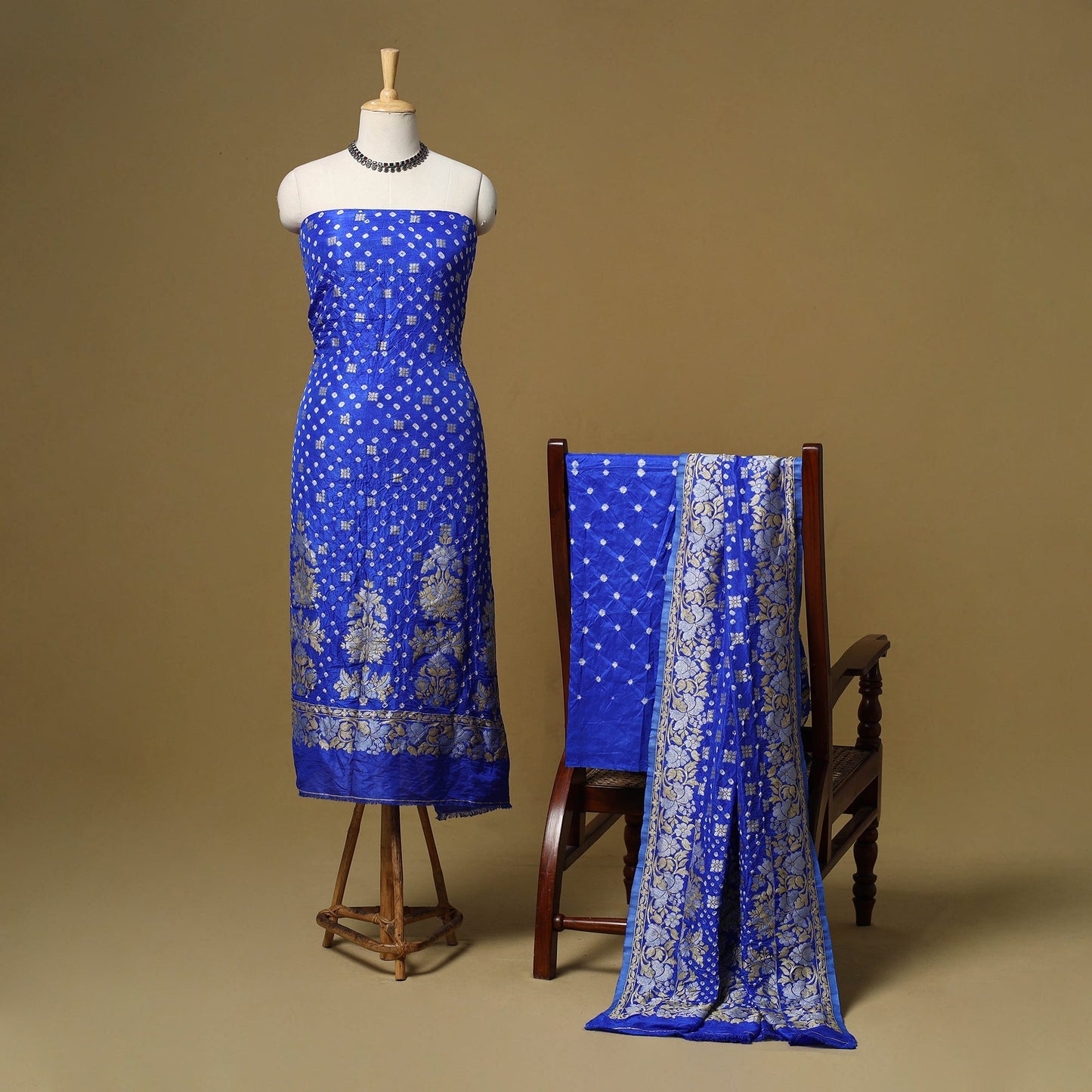 Kutch tie-dye bandhani dupion silk zari work 3pc unstitched