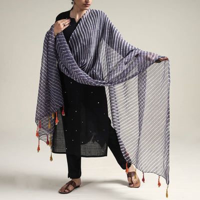 Blue - Leheriya Tie-Dye Kota Doria Cotton Dupatta with Tassels