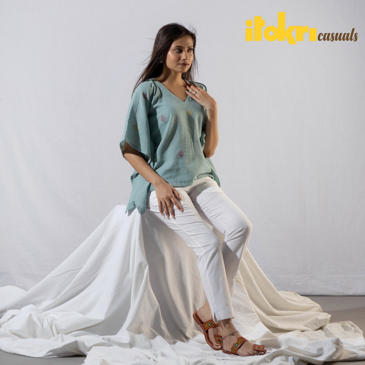 Blue - Light Cyan Handwoven Kala Cotton Kaftan Crop Top by iTokri Casuals