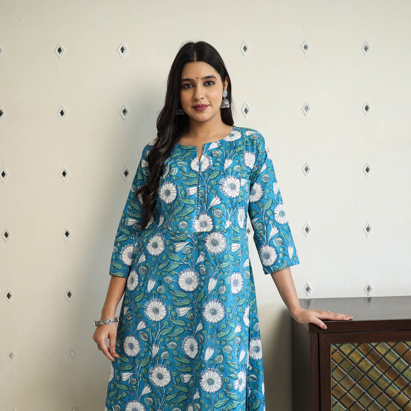  Blue A-Line Cotton Block Print Sanganeri Kurta