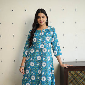  Blue A-Line Cotton Block Print Sanganeri Kurta