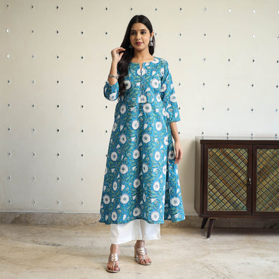  Blue A-Line Cotton Block Print Sanganeri Kurta