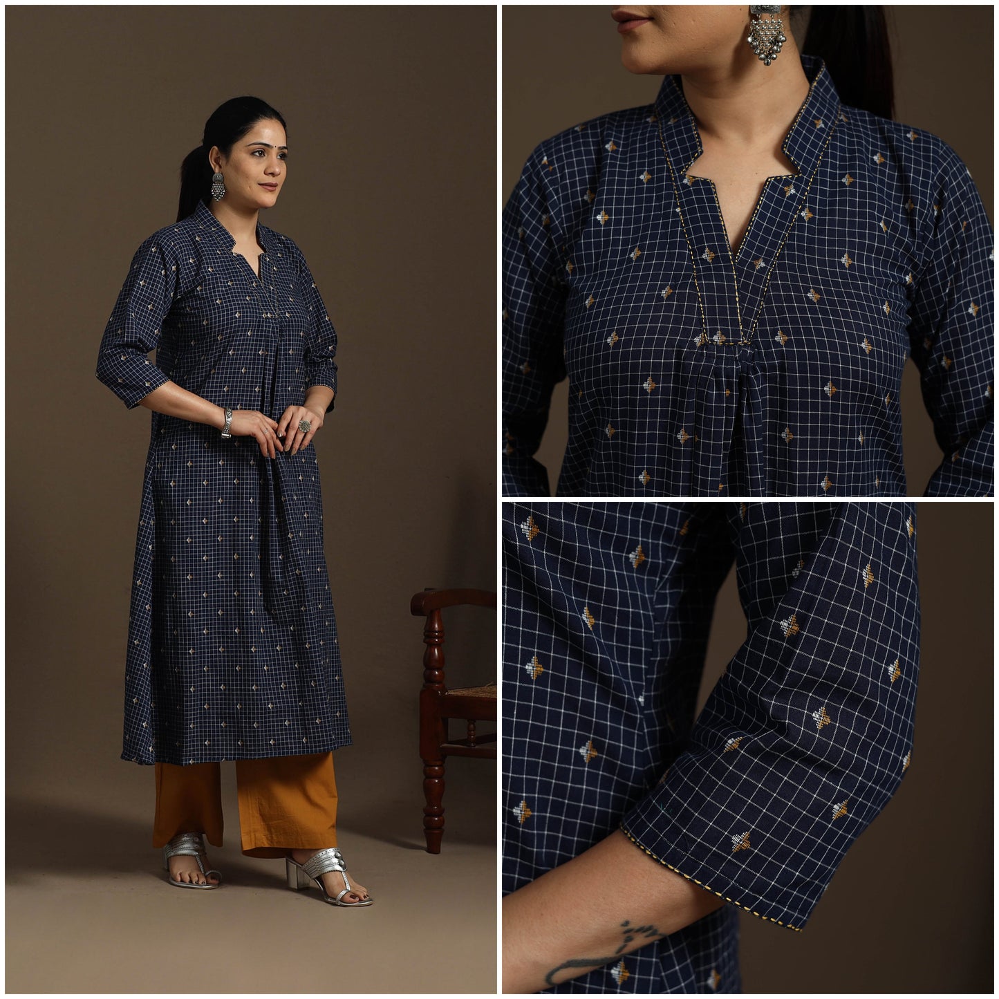 A-line cotton hand embroidered jacquard kurta for women 02