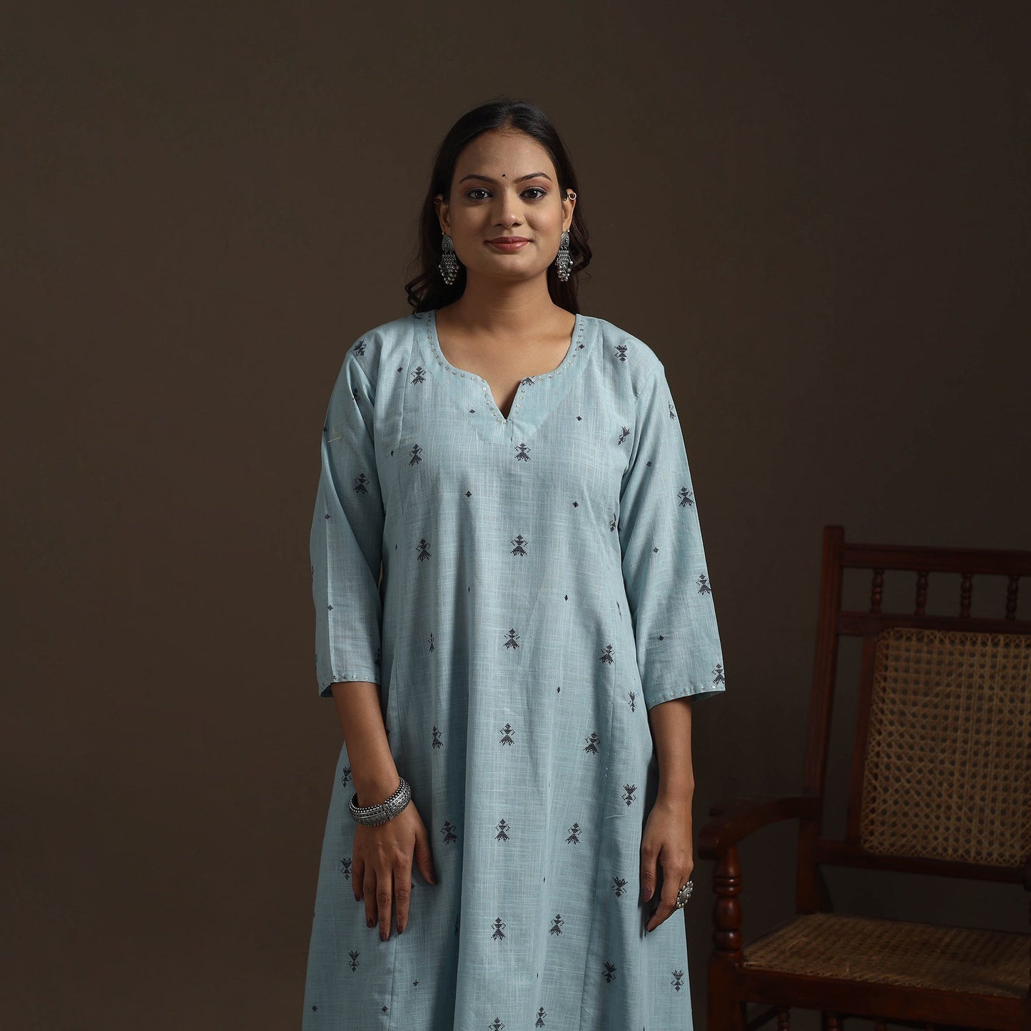 A-line cotton hand embroidered jacquard kurta for women 17