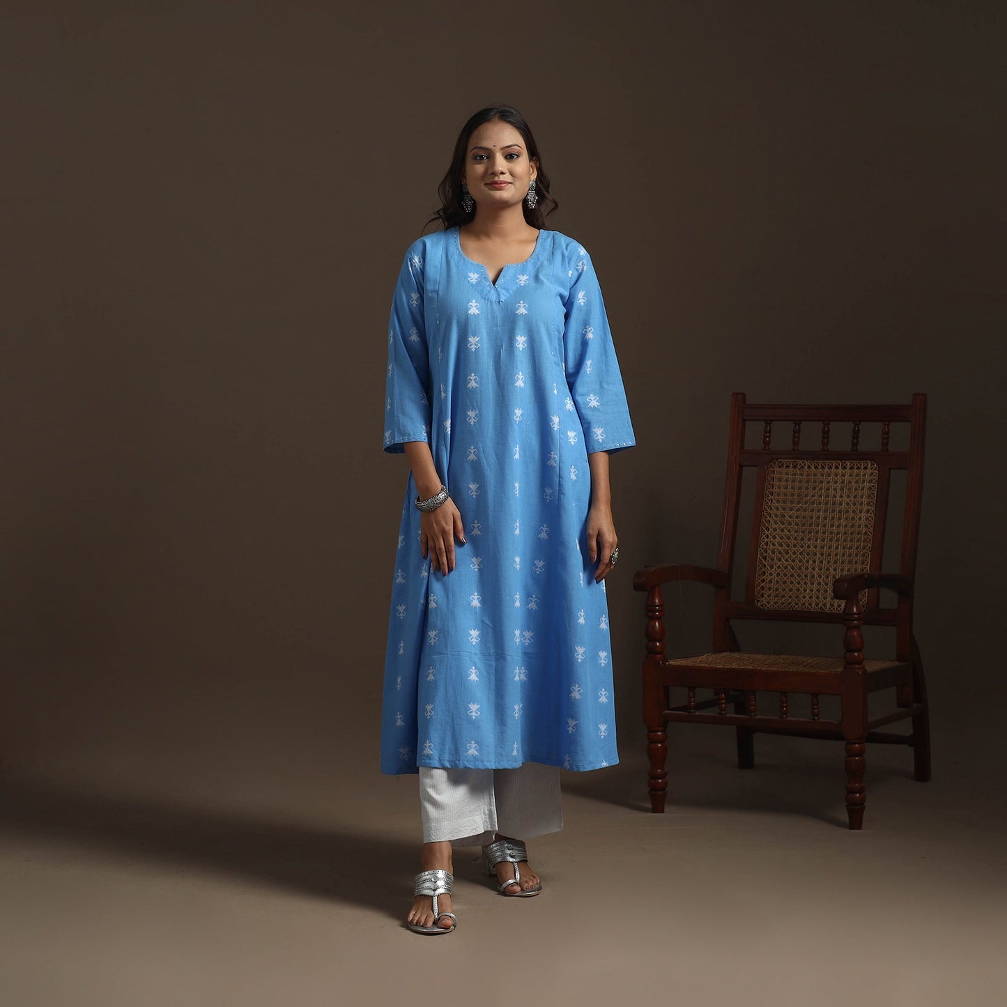 A-line cotton hand embroidered jacquard kurta for women 18