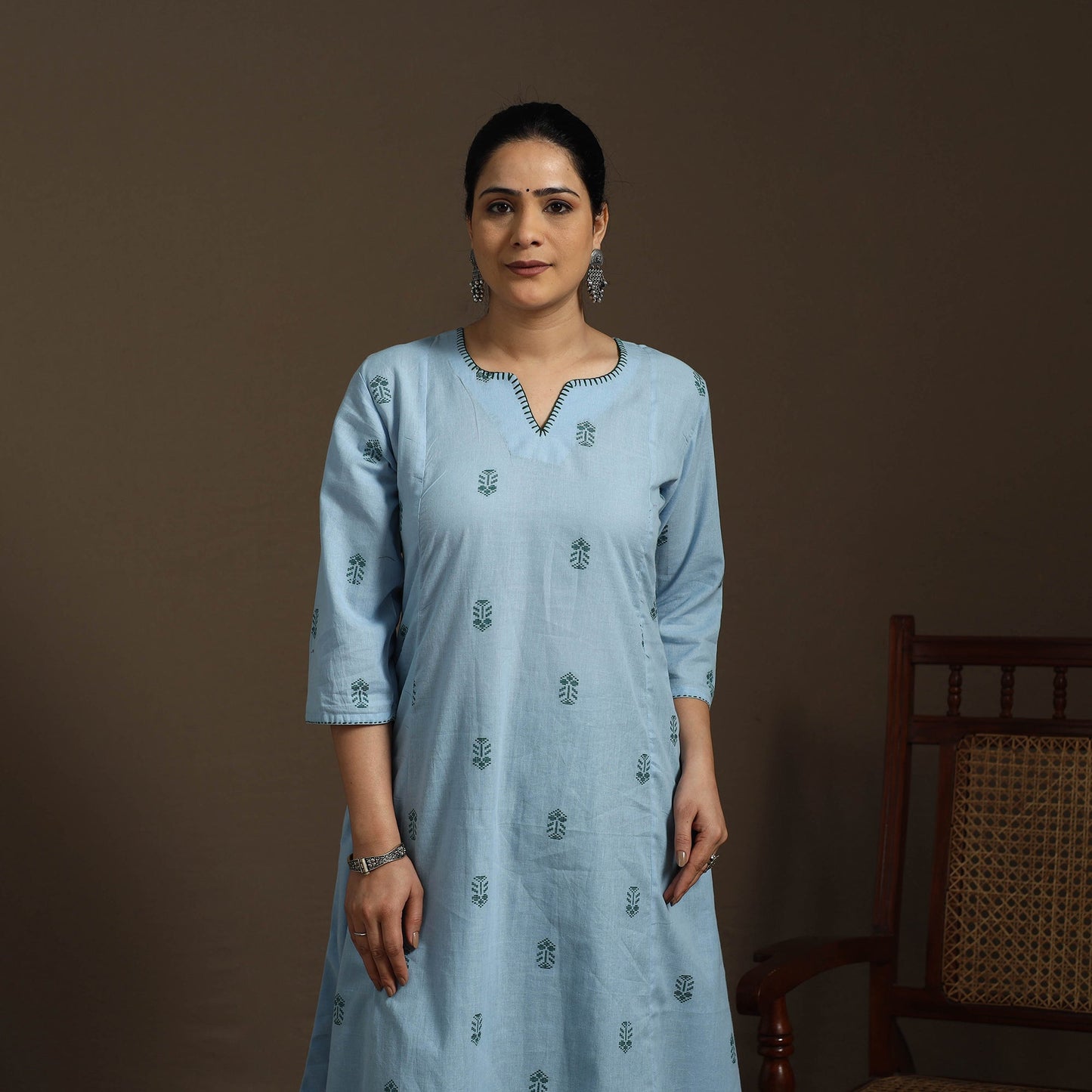 A-line cotton hand embroidered jacquard kurta for women 23