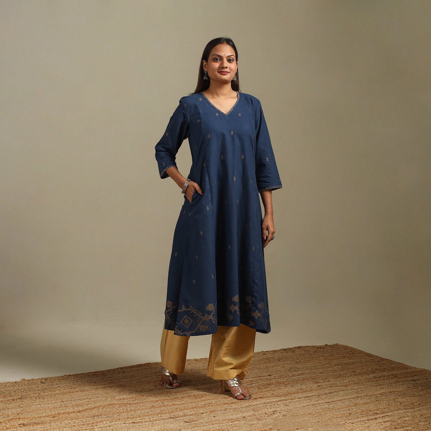 A-line cotton hand embroidered jamdani border thread buti