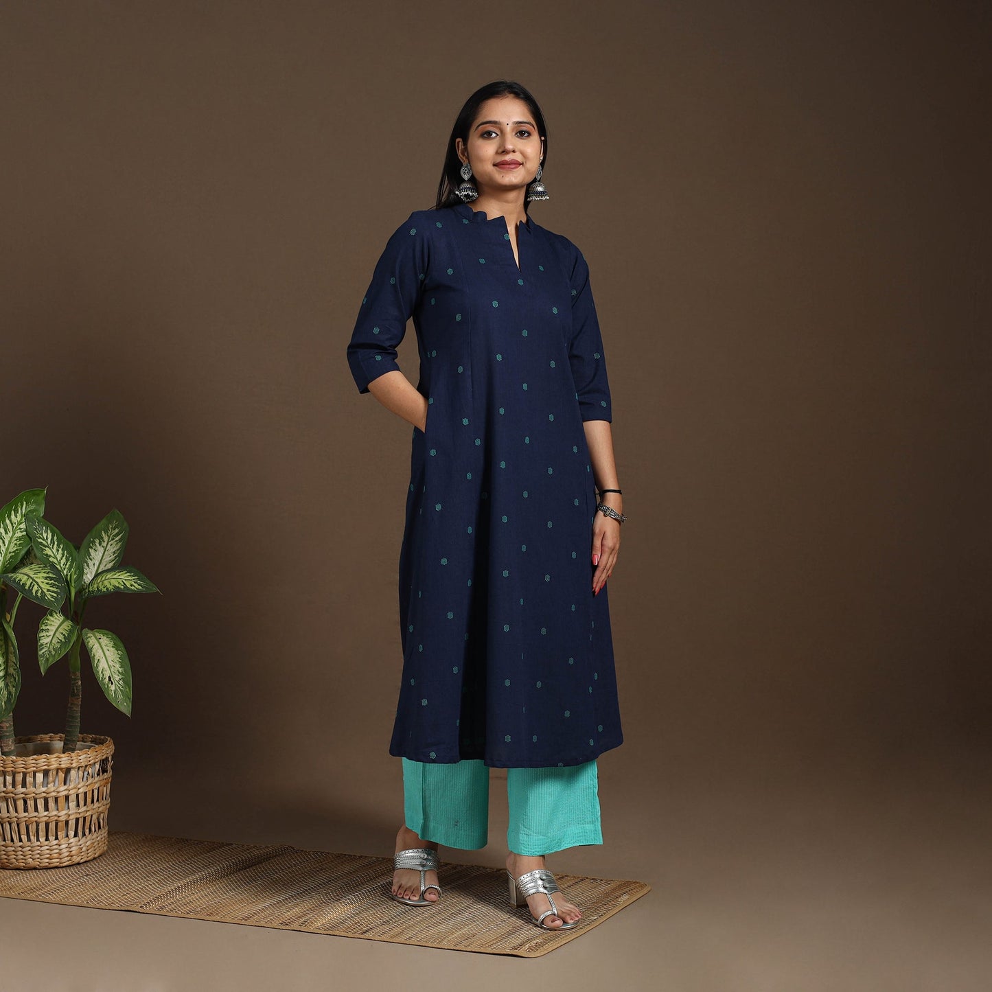 Blue A-Line Cotton Jacquard Kurta
