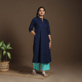 Blue A-Line Cotton Jacquard Kurta