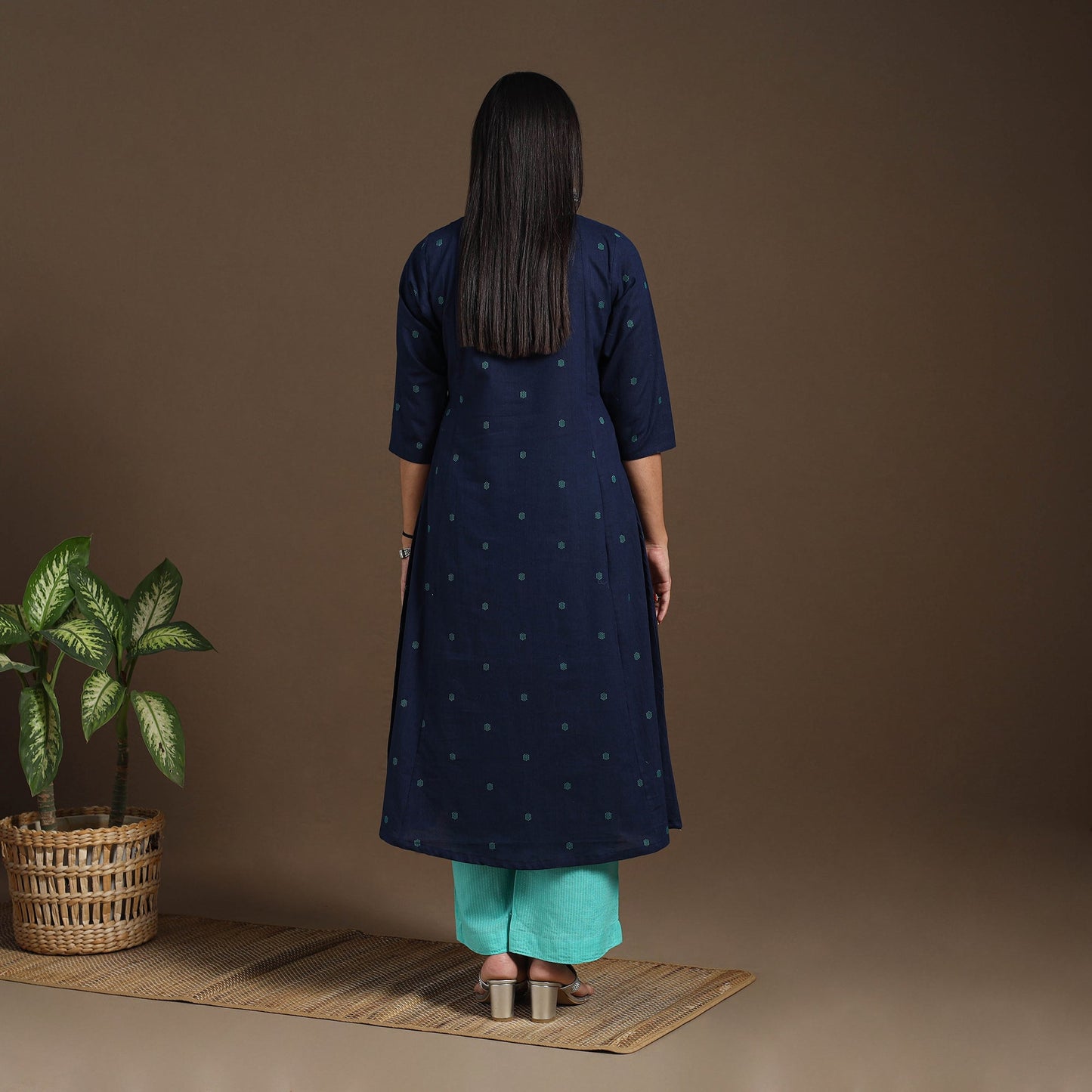 Blue A-Line Cotton Jacquard Kurta