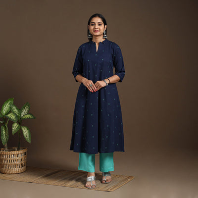 Blue A-Line Cotton Jacquard Kurta