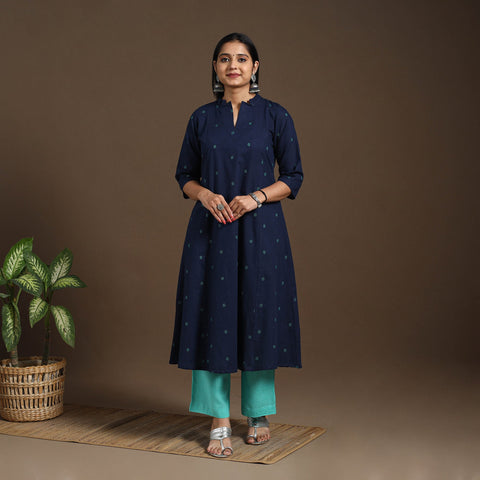 Blue A-Line Cotton Jacquard Kurta