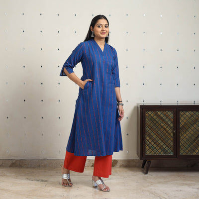 Blue A-Line Cotton Jacquard Kurta