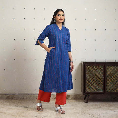 Blue A-Line Cotton Jacquard Kurta
