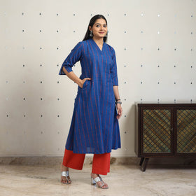 Blue A-Line Cotton Jacquard Kurta