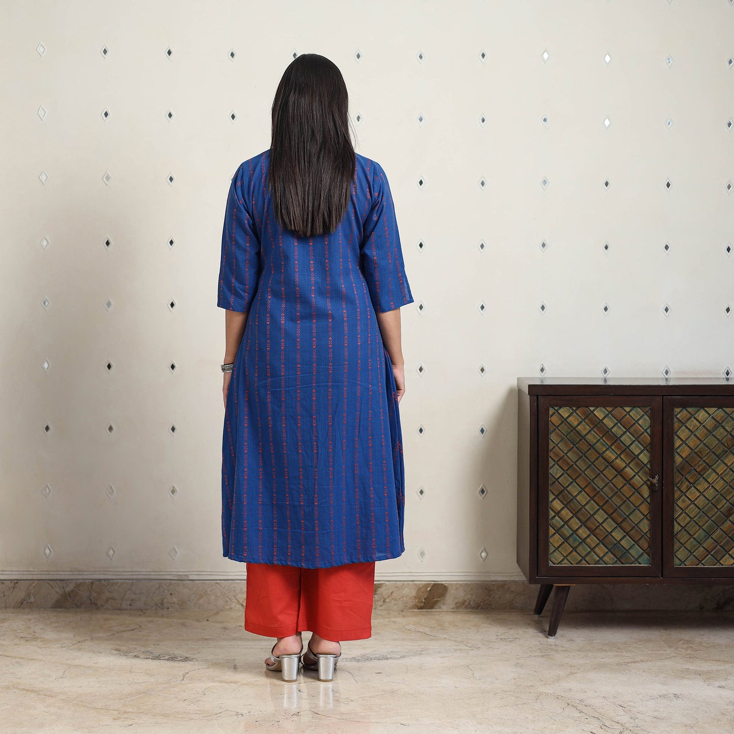 Blue A-Line Cotton Jacquard Kurta