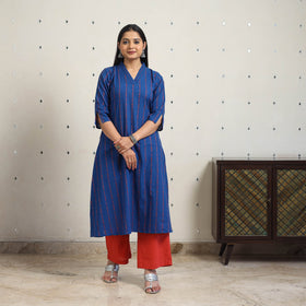 Blue A-Line Cotton Jacquard Kurta