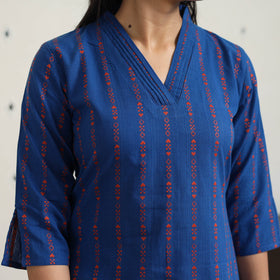 Blue A-Line Cotton Jacquard Kurta