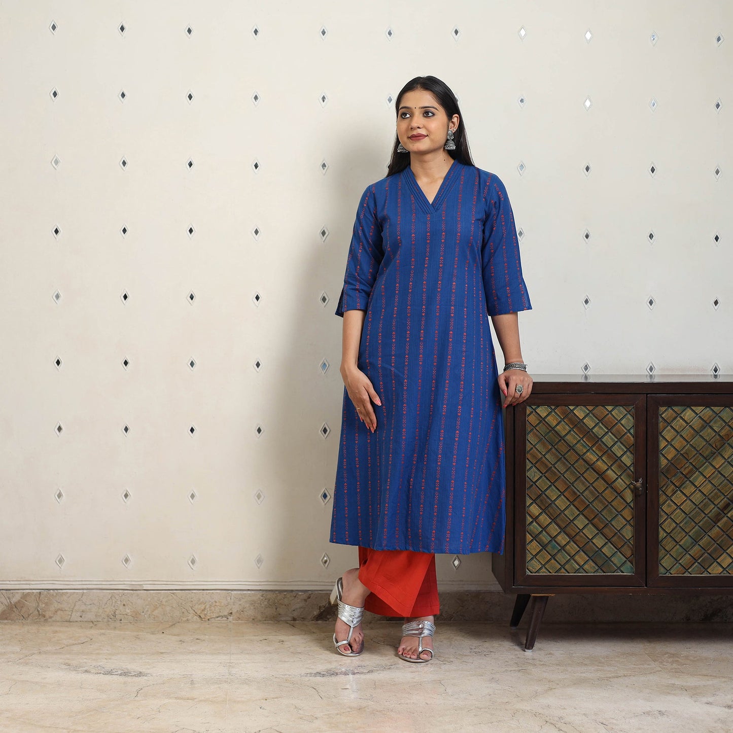 Blue A-Line Cotton Jacquard Kurta