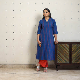 Blue A-Line Cotton Jacquard Kurta