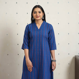 Blue A-Line Cotton Jacquard Kurta