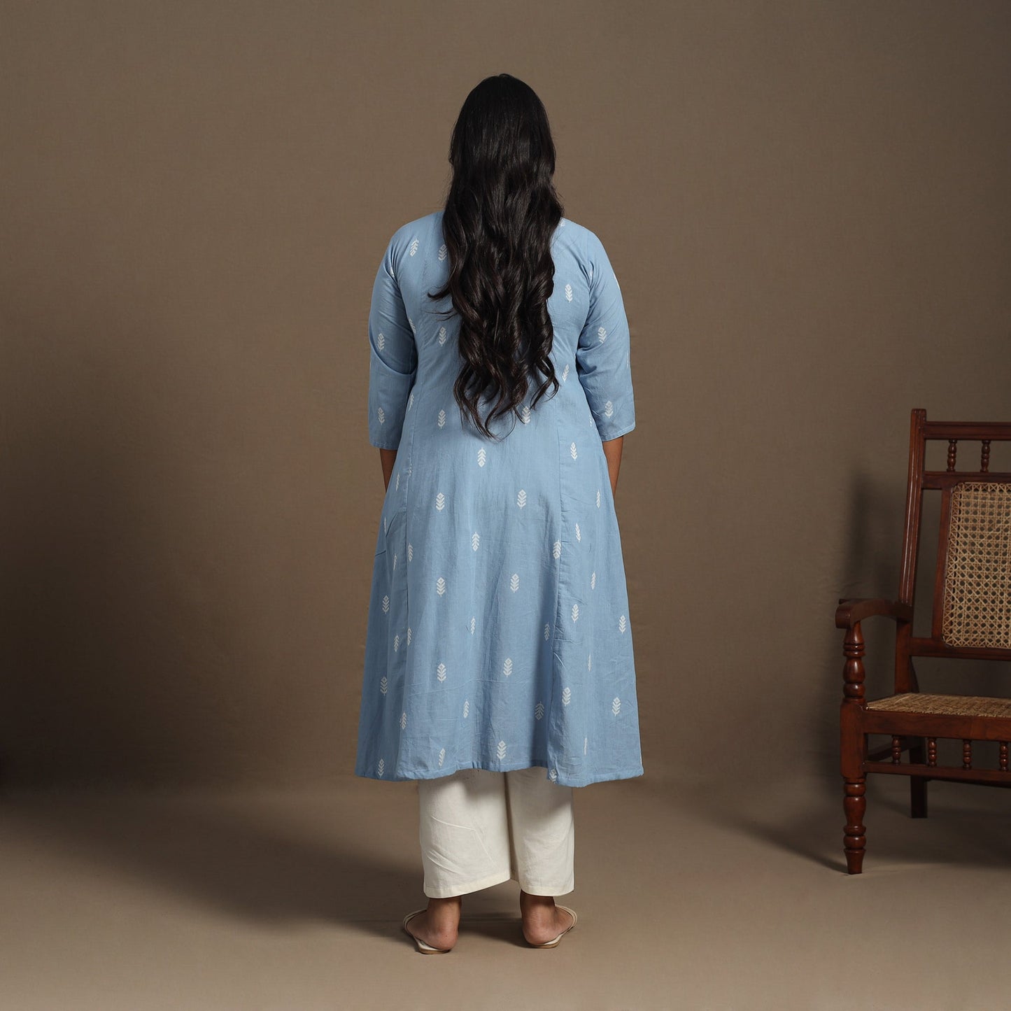 Blue A-Line Cotton Jacquard Kurta