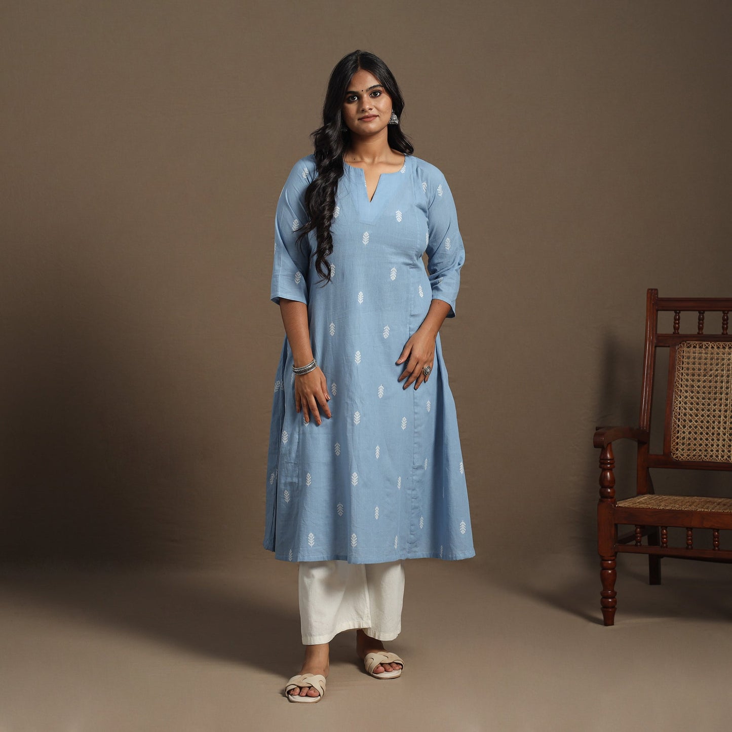 Blue A-Line Cotton Jacquard Kurta