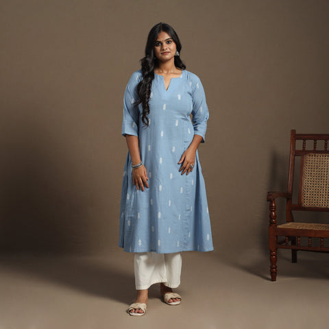 Blue A-Line Cotton Jacquard Kurta