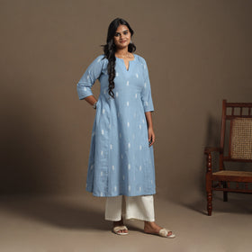 Blue A-Line Cotton Jacquard Kurta