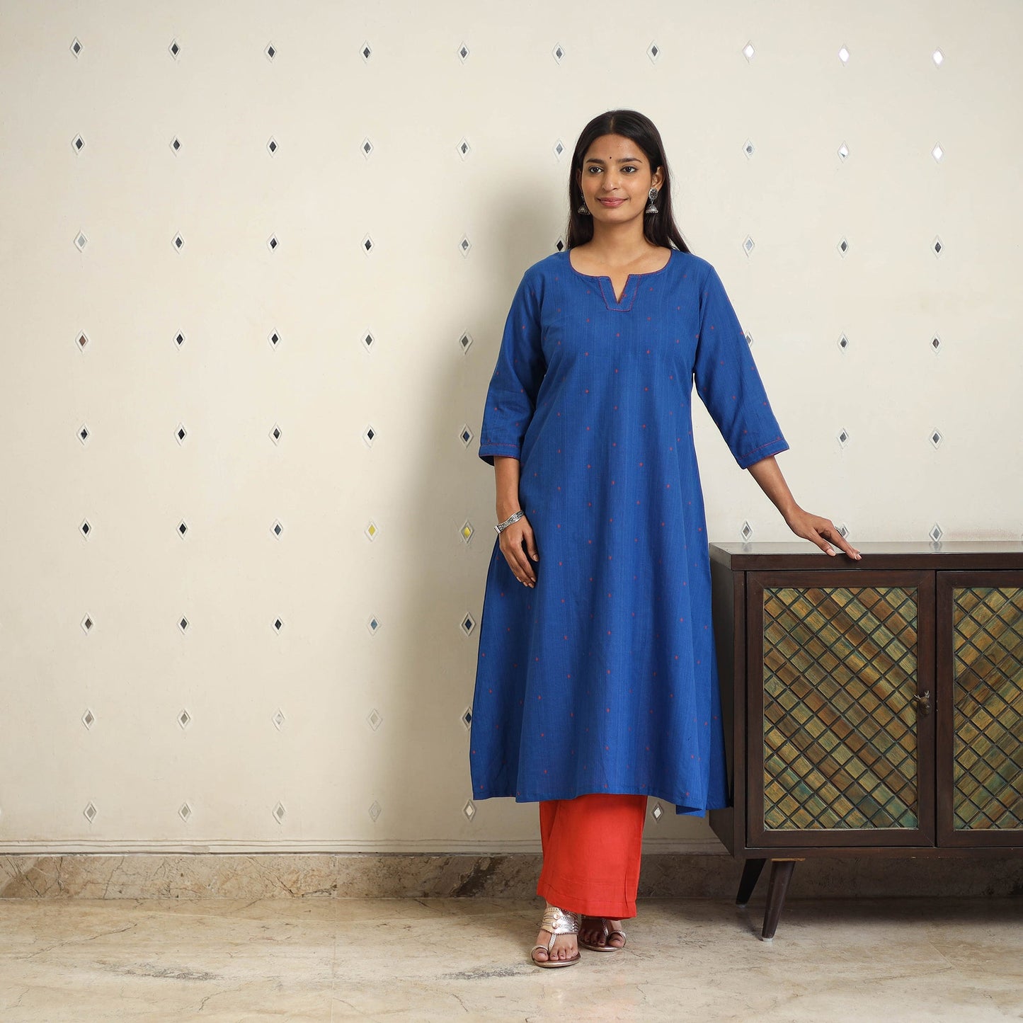 Blue - a-line cotton jacquard kurta 18 - handcrafted