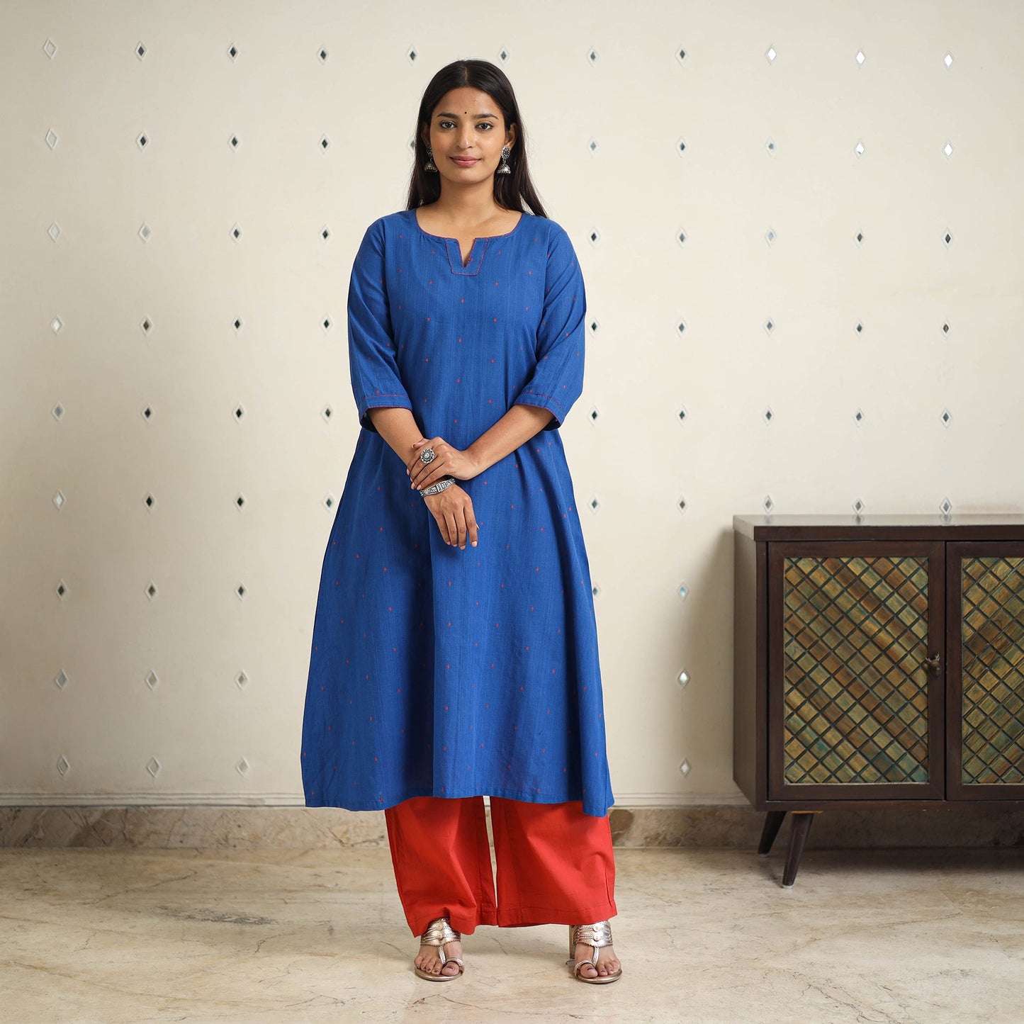 Blue - a-line cotton jacquard kurta 18 - handcrafted