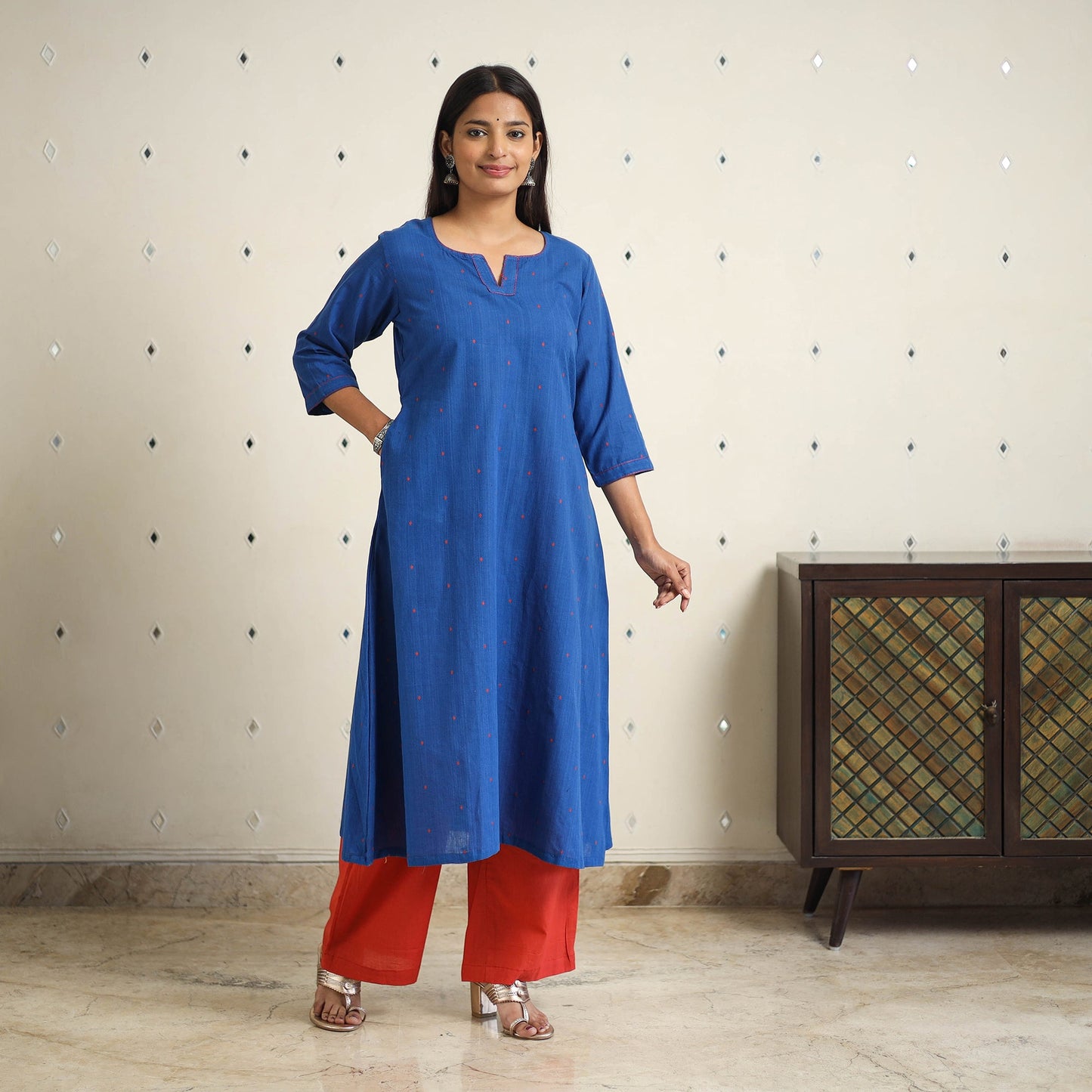 Blue - a-line cotton jacquard kurta 18 - handcrafted
