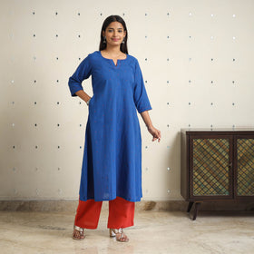 Blue - a-line cotton jacquard kurta 18 - handcrafted