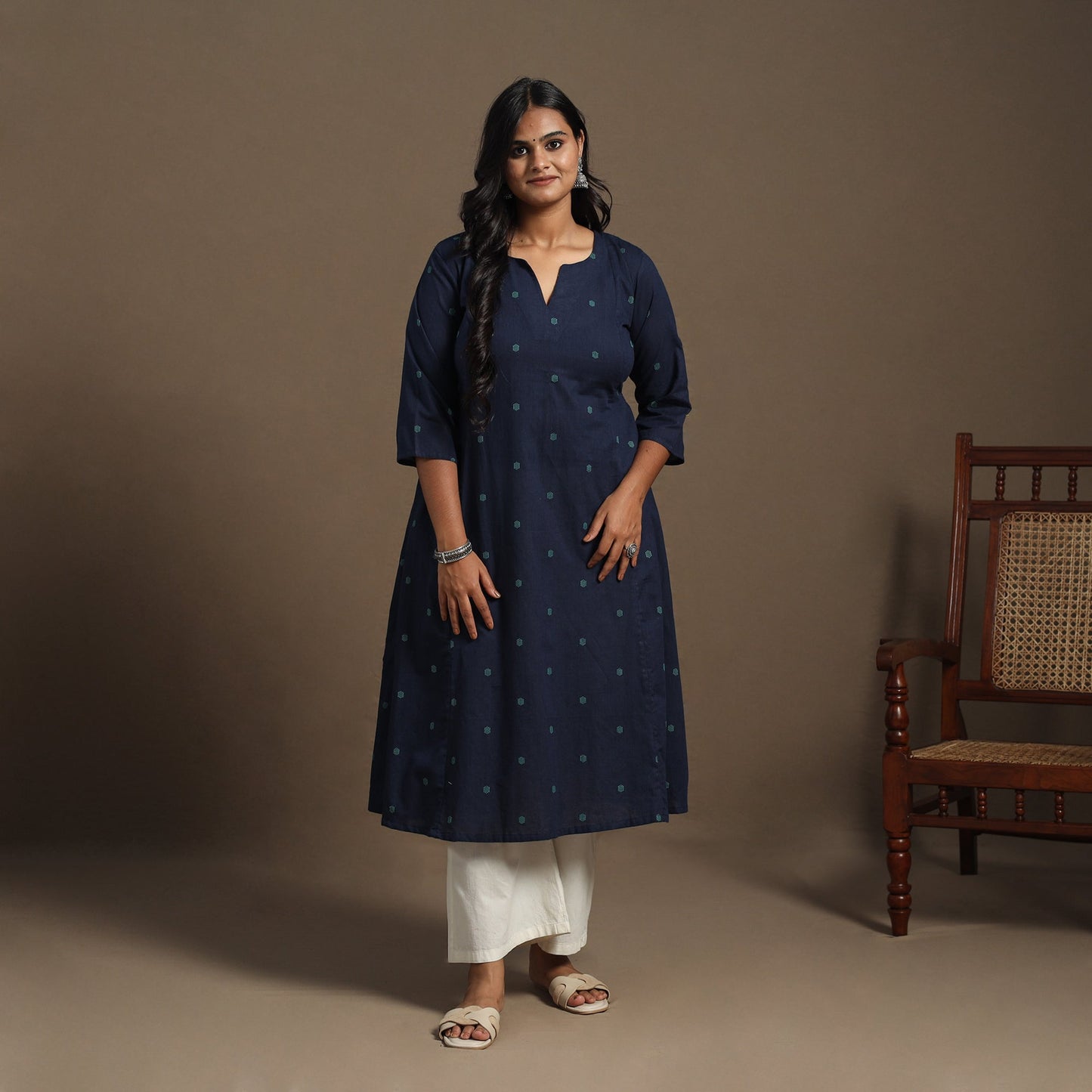 Blue A-Line Cotton Jacquard Kurta