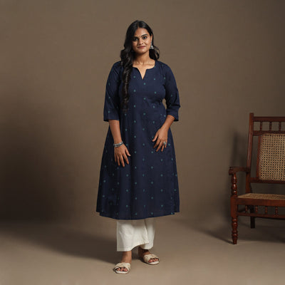 Blue A-Line Cotton Jacquard Kurta
